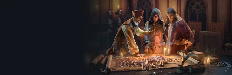 Official Europa 1410 artwork showing merchants gathered around a table