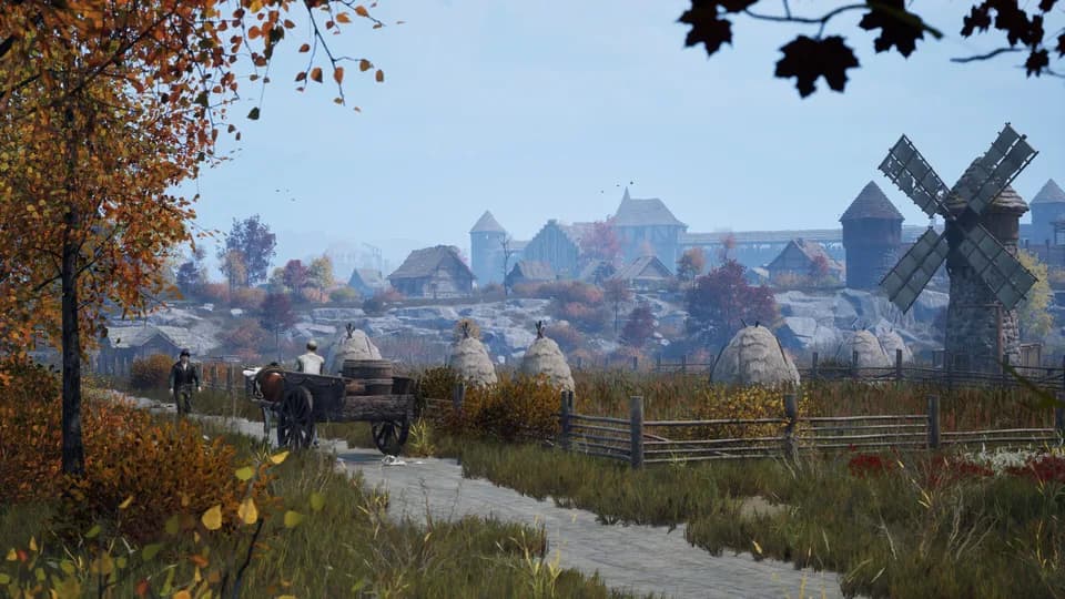 Autumn road and timber-framed buildings in an official game screenshot